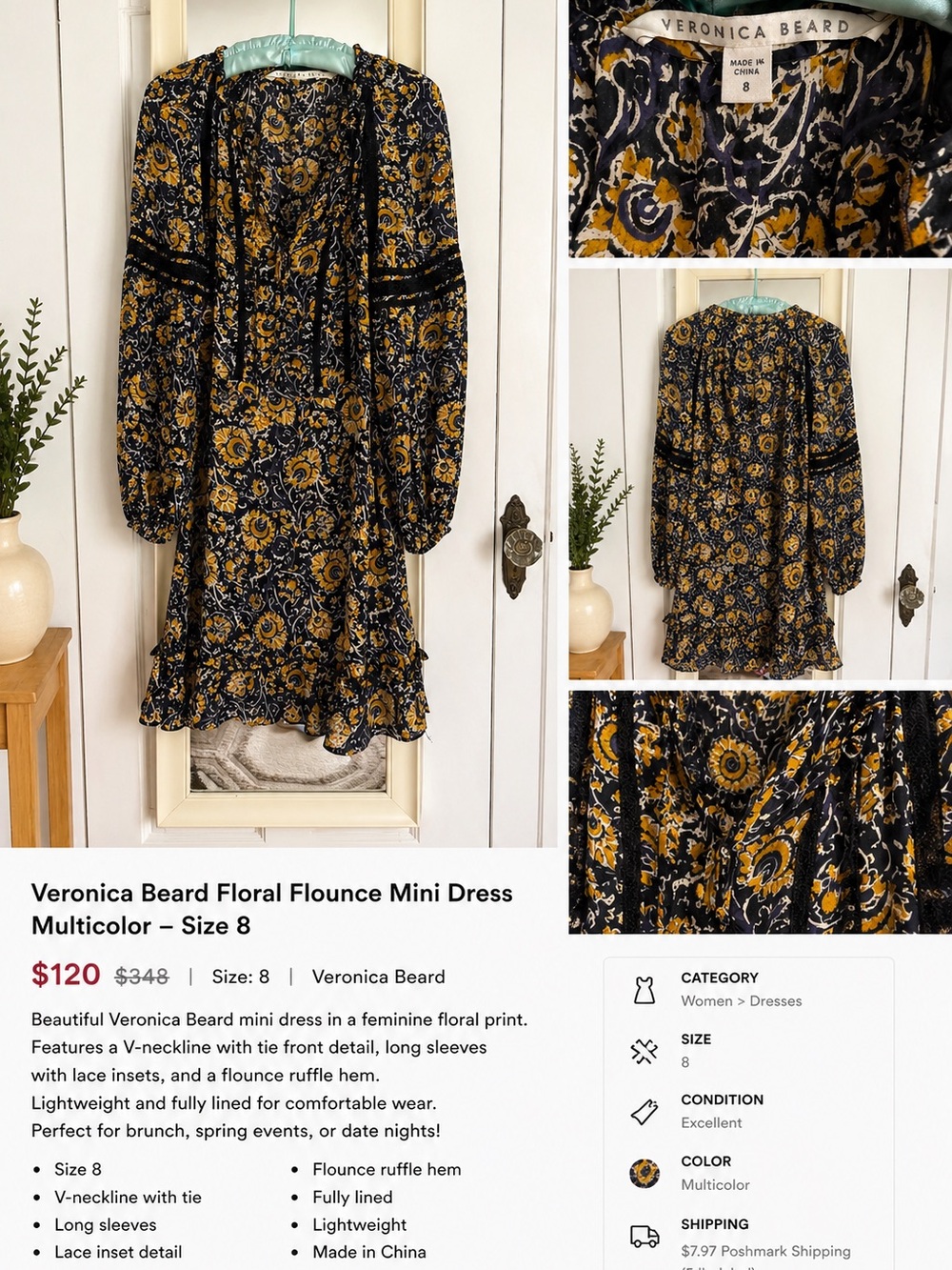 Veronica Beard Black and Mustard Floral Ruffle Mini Dress